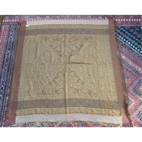 Christian Dior Square Wool Stole Tassel Scarf Tan and Pink - Picture 2 of 9